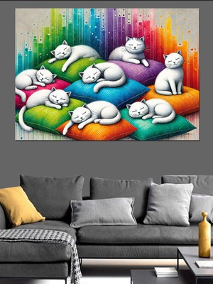 Neon Hayallerde Yatan Kediler Dekoratif Kanvas - Mdf Ahşap Tablo