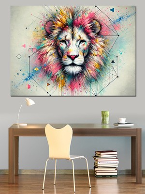 Soyut Renkli Aslan Yüzü Dekoratif Kanvas - Mdf Ahşap Tablo