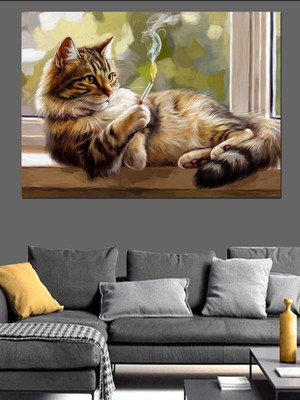 Sigara Içen Rahatlayan Kedi Dekoratif Kanvas - Mdf Ahşap Tablo
