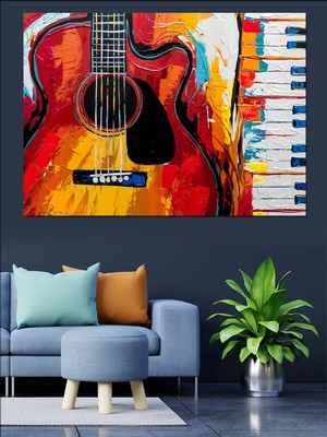 Kırmızı Gitar ve Piyano Dekoratif Kanvas - Mdf Ahşap Tablo