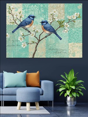 Iki Mavi Kuş Dekoratif Kanvas - Mdf Ahşap Tablo