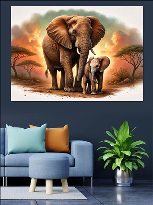 Fil Ailesi ve Sevgi Dekoratif Kanvas - Mdf Ahşap Tablo