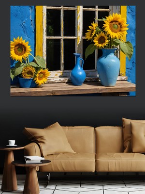 Mavi Vazoda Güneş Çiçekleri Dekoratif Kanvas - Mdf Ahşap Tablo
