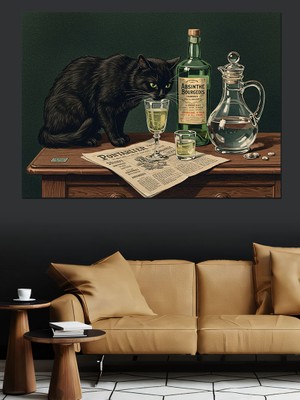 Şarap ve Siyah Kedi Dekoratif Kanvas - Mdf Ahşap Tablo