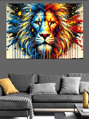 Renkli Aslan Yüzü Dekoratif Kanvas - Mdf Ahşap Tablo