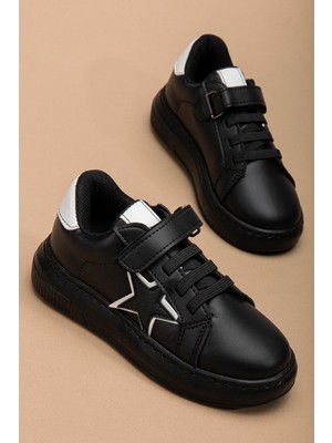 Erkek Çocuk Spor Ayakkabı Siyah Cırtlı Yıldız Model Dikişli Taban