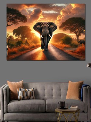 Afrika Güneşi ve Fil Dekoratif Kanvas - Mdf Ahşap Tablo