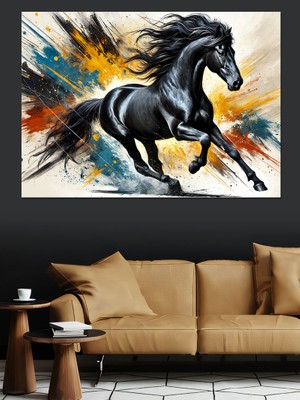 Siyah ve Beyaz Atlar Koşuyor Dekoratif Kanvas - Mdf Ahşap Tablo