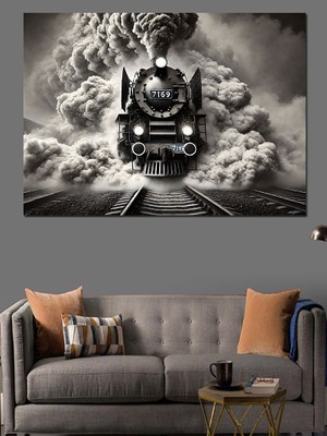 Buharlı Tren ve Kara Duman Dekoratif Kanvas - Mdf Ahşap Tablo