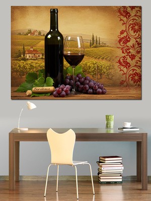 Şarap Şişesi ve Üzümler Dekoratif Kanvas - Mdf Ahşap Tablo