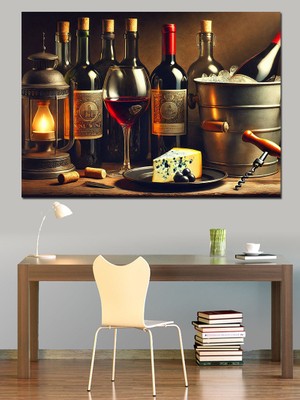 Şarap Şişeleri ve Peynir Sunumu Dekoratif Kanvas - Mdf Ahşap Tablo
