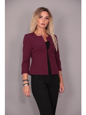 Sıfır Yaka Düz Kısa Ceket-Mürdüm