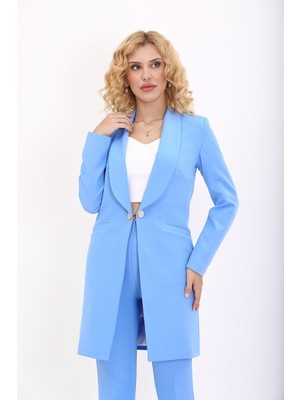 Şal Yaka Cepli Uzun Ceket-Gökyüzü
