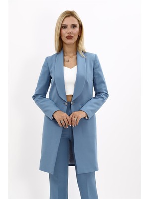 Şal Yaka Cepli Uzun Ceket-Deniz