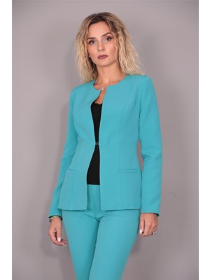 Oval Yaka Yandan Kuplu Klasik Ceket-Turkuaz