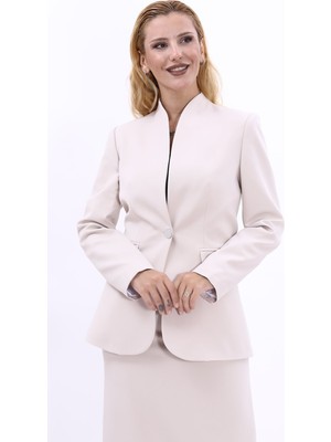 Kendinden Dik Yakalı Ceket-Bej