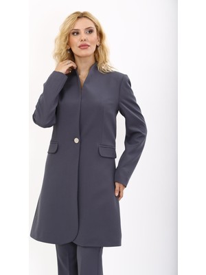 Kendinden Dik Yakalı Tek Düğmeli Uzun Ceket-Füme