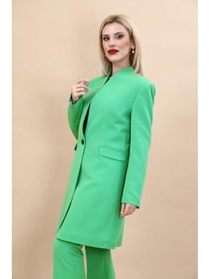 Kendinden Dik Yakalı Tek Düğmeli Uzun Ceket-Yeşil