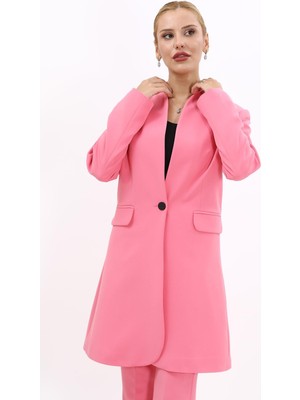 Kendinden Dik Yakalı Tek Düğmeli Uzun Ceket-Pembe
