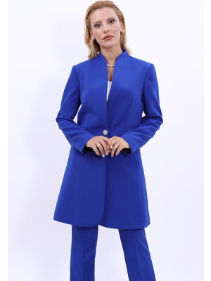 Kendinden Dik Yakalı Tek Düğmeli Uzun Ceket-Saks