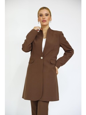 Kendinden Dik Yakalı Tek Düğmeli Uzun Ceket-Kestane