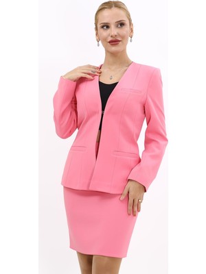V Yaka Boydan Kuplu Kılasik Ceket-Pembe