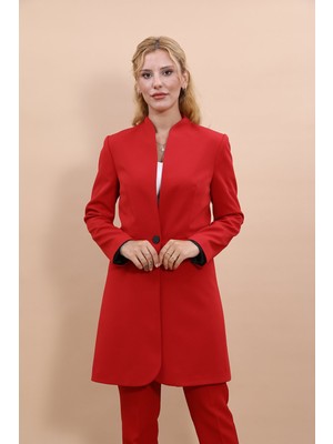 Kendinden Dik Yakalı Tek Düğmeli Uzun Ceket-Kırmızı