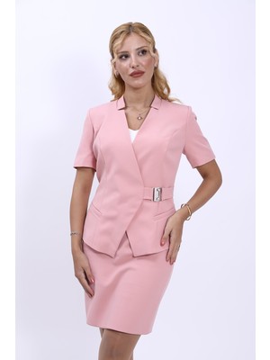 Hakim Yaka Yandan Tokalı Çapraz Ceket-Pudra