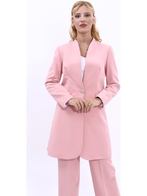 Önder Özsoy Kendinden Dik Yakalı Tek Düğmeli Uzun Ceket-Pudra