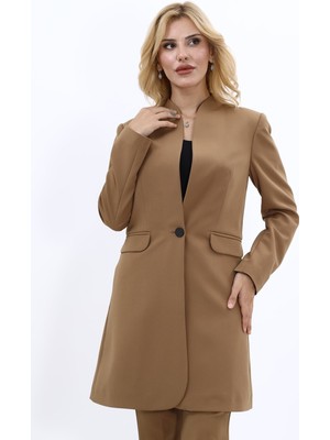 Kendinden Dik Yakalı Tek Düğmeli Uzun Ceket-Camel