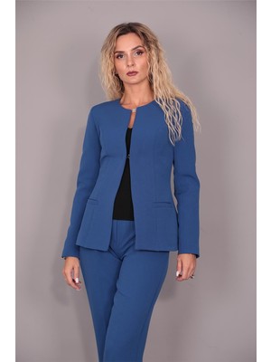 Oval Yaka Yandan Kuplu Klasik Ceket-Indigo