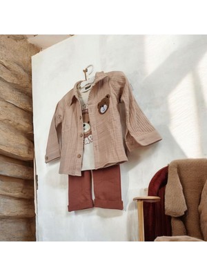 Erkek Bebek Ayıcık Desenli Müslin 3'lü Takım