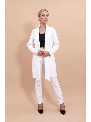 Şal Yaka Uzun Ceket & Dar Paça Pantolon-Beyaz