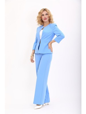 Sıfır Yaka Düz Kısa Ceket & Bol Paça Pantolon Takım-Gökyüzü