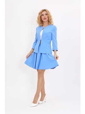 Sıfır Yaka Düz Kısa Ceket &  Kısa Kloş Etek-Gökyüzü