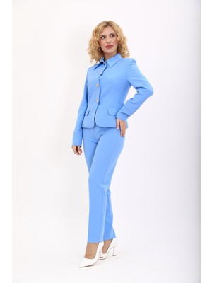 Peplum Ceket & Boru Paça Pantolon Takım-Gökyüzü