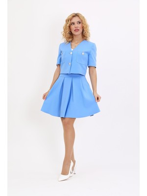 V Yaka  Kısa Ceket & Kısa Kloş Etek-Gökyüzü
