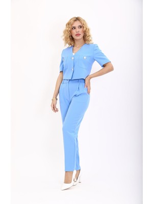  Kısa Kollu Yakasız Mini Ceket & Pileli  Boru Paça Pantolon Takım-Gökyüzü