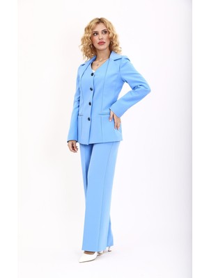 Erkek Yaka Yelek Ceket & Bol Paça Pantolon-Gökyüzü
