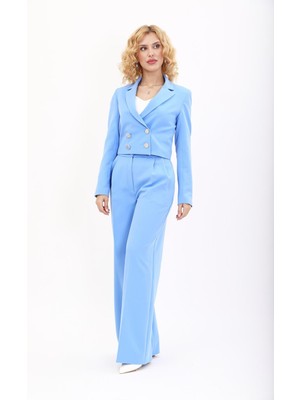  Mini Blazer Ceket & Yüksek Bel Bol Paça Pantolon Takım-Gökyüzü