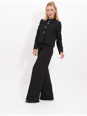 Oval Dik Yaka Kısa Ceket &  Korsaj Kemer Palazzo Pantolon-Siyah