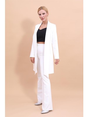 Şal Yaka Uzun Ceket & Ispanyol Paça Pantolon-Beyaz