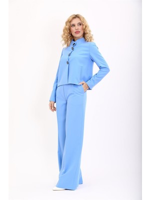 Oval Dik Yaka Kısa Ceket &  Korsaj Kemer Palazzo Pantolon-Gökyüzü