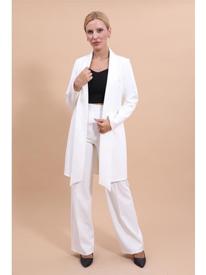 Şal Yaka Uzun Ceket & Bol Paça Pantolon-Beyaz