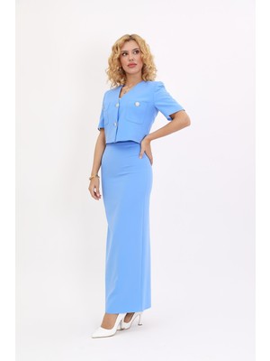V Yaka  Kısa Ceket & Uzun Düz Dar Etek-Gökyüzü