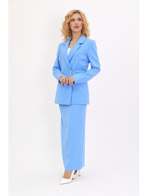 Erkek Yaka Kuruvaze Blazer Ceket & Uzun Düz Dar Etek-Gökyüzü