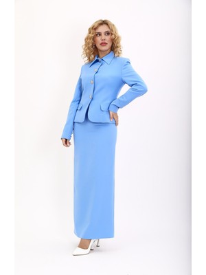 Önder Özsoy Gömlek Yaka Klasik Ceket &  Uzun Düz Dar Etek-Gökyüzü