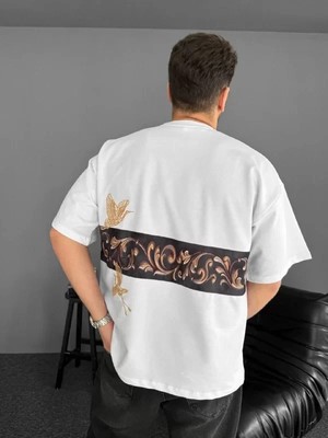 Ön ve Arka Baskılı Oversize Bisiklet Yaka T-Shirt - Beyaz