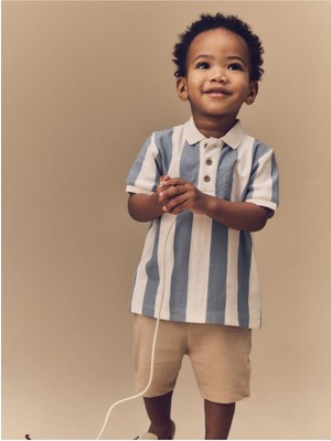 Next Baby Pamuklu Mavi Çizgili Kısa Kollu Polo Thsirt Şort Alt Üst Takım