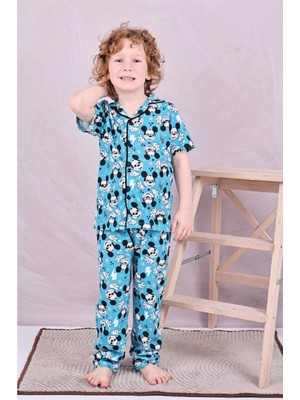 Pjkö Mickey Desenli Mavi Kısa Kollu Önden Düğmeli Erkek Çocuk Pijama Takımı 4-12 Yaş 544K